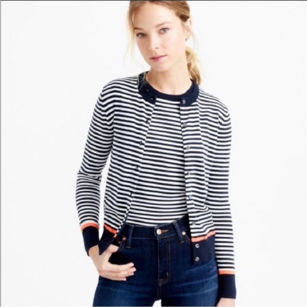 Navy and White Striped Cardigan with Orange Accents